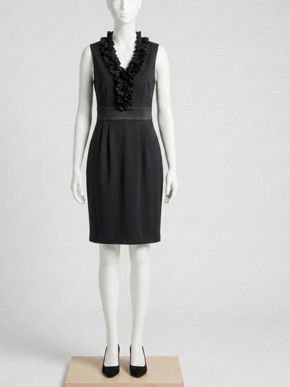 London Times Black Ruffled Silk Like Dress
